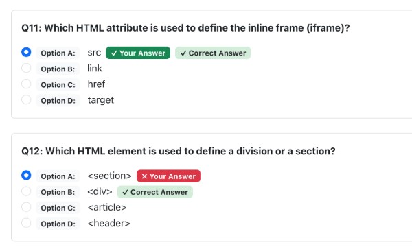 Appropriate colored tags shows whether your answers were correct or incorrect feedback on right and wrong answers